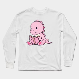 Cute Pink Dinosaur Read Book - Dinosaur Birthday Long Sleeve T-Shirt